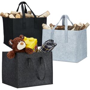 Relaxdays 3x Felt Firewood Basket, with Handles, Foldable, Load-bearing Bag, HWD: 35 x 43 x 37 cm, Black/Grey/Anthracite