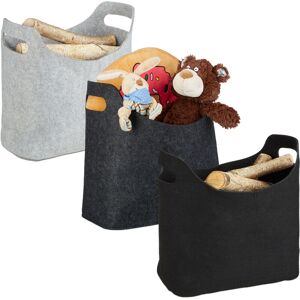 3x Felt Firewood Basket, with Handles, Foldable, Load-bearing Bag, 39.5 x 40 x 23 cm, Black/Grey/Anthracite - Relaxdays