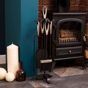 Home Discount - Buxton 5 Piece Companion Set Fireplace Accessories Shovel, Poker, Brush & Tongs, Black-&-Nickel