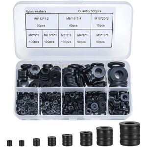 Tinor - 500 Pieces Black Nylon Flat Washers, Flat Washers Insulation Round Gasket Spacer Seal Plumbing Assortment Kit- M2/M2.5/M3/M4/M5/M6/M8/M10