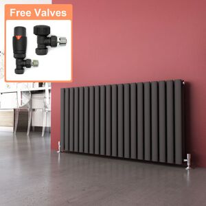 Elegant - 600 x 1190 mm Anthracite Horizontal Column Designer Radiator Double Oval Panel + Chrome Thermostatic Radiator Valves