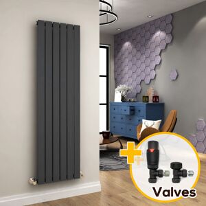 Elegant - Designer Vertical Column Radiator Anthracite Single Flat Panel 1600 x 452mm + Anthracite Thermostatic Radiator Valves