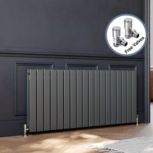 Elegant - Designer Horizontal Flat Panel Radiator + Angled Radiator Valves 600 x 1360 mm Anthracite Double Heater