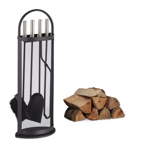 5-Piece Fireplace Companion Set Steel Utility Accessories, Modern, Stand, Tongs, Shovel, Poker & Broom, Black - Relaxdays