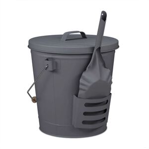 Relaxdays Ash Bucket with Lid & Shovel, Steel, Wooden Handle, 19 Litre, Fireplace Accessories, HWD: 36x35x35 cm, Grey