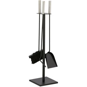 Fireplace Tool Set, 4-pieces, Poker, Ash Shovel, Broom, Stand, Steel & Plastic, Modern Accessories, Black - Relaxdays