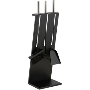 Fireplace Tool Set, 4-pieces, Poker, Ash Shovel, Broom, Stand, Stainless Steel, Modern Accessories, Black - Relaxdays