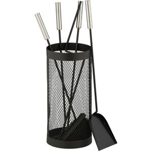 Fireplace Tool Set, 5-pieces, Poker, Ash Shovel, Broom, Tongs & Stand, Stainless Steel, Accessories, Black - Relaxdays