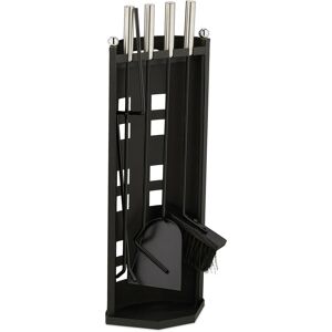 Fireplace Tool Set, 5-pieces, Poker, Ash Shovel, Broom, Tongs & Stand, Steel & Plastic, Accessories, Black - Relaxdays