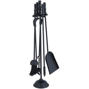 Fireplace Tool Set, 5-pieces, Poker, Ash Shovel, Broom, Stand, Tongs, Iron, Sturdy Base, Accessories, Silver - Relaxdays