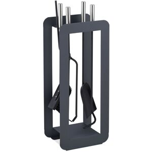5-Piece Fireplace Companion Set Steel Utility Accessories, Modern, Stand, Tongs, Shovel, Poker, Grey/SIlver - Relaxdays