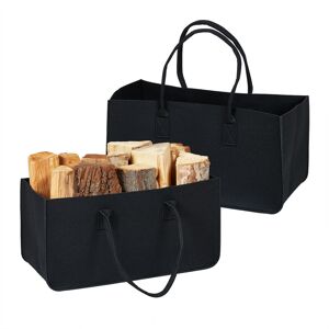 Set of 2 Firewood Bags, Felt, 28 l Vol., Foldable Storage Basket for Logs and other Items, 25x50x25cm, Black - Relaxdays