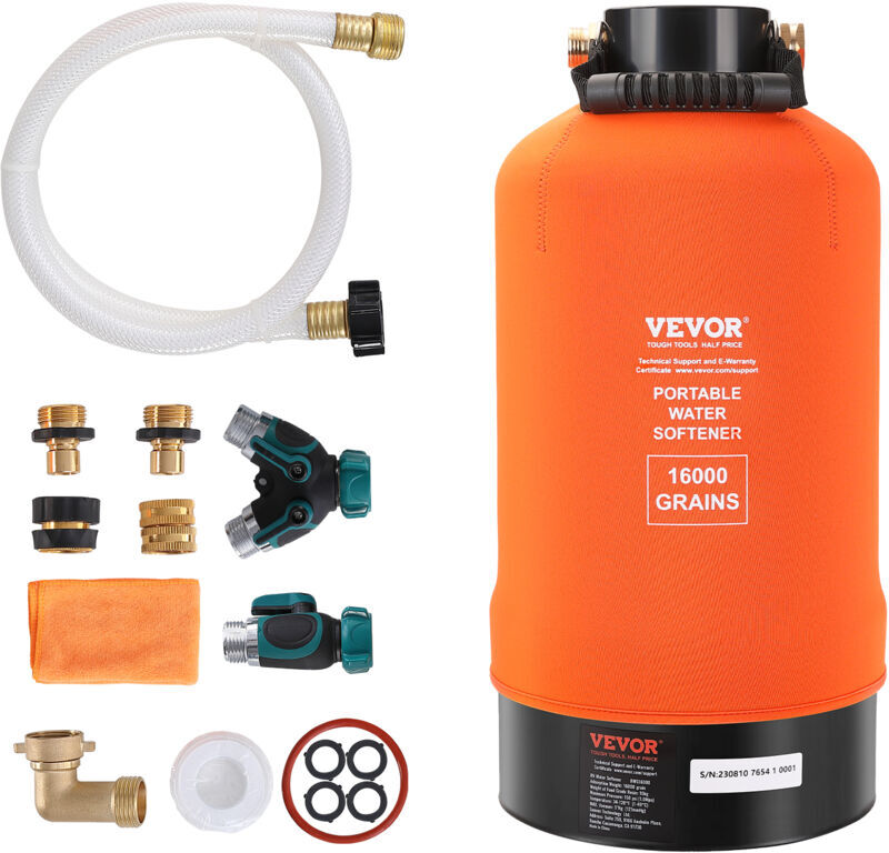 VEVOR Rv Water Softener, 16,000 Grain Portable Water Softener, with 3/4' Brass Fittings and 42' Hose, Soften Hard Water Filter System for RVs, Trailers,