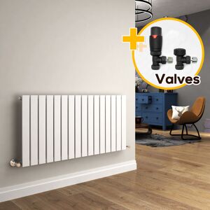 Elegant - Designer Radiator 600 x 1216 mm White Horizontal Single Flat Panel Radiator Heater + Anthracite Thermostatic Radiator Valves