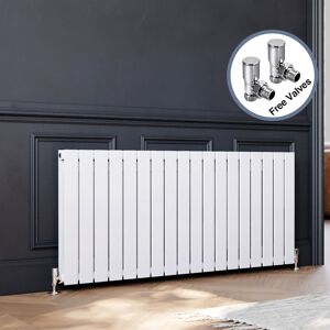 ELEGANT 600 x 1360 mm White Column Radiator Horizontal Double Flat Panel Designer Radiator with Angled Radiator Valves