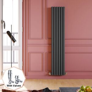 Elegant - 1800 x 360 mm Anthracite Vertical Column Radiator Double Oval Panel Designer Bathroom Radiator + Chrome Thermostatic Radiator Valves
