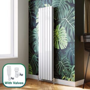 Elegant - 1800 x 452 mm Modern Vertical Column Designer White Radiator Double Panel Radiator Heater + White Thermostatic Radiator Valves