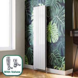 Elegant - 1800 x 452 mm White Modern Tall Bar Radiator Double Flat Panel Designer Bathroom Radiator + Chrome Thermostatic Radiator Valves