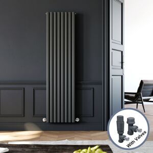 Elegant - 1800 x 480 mm Anthracite Vertical Column Radiator Double Oval Panel Heater For Bedroom + Anthracite Thermostatic Radiator Valves