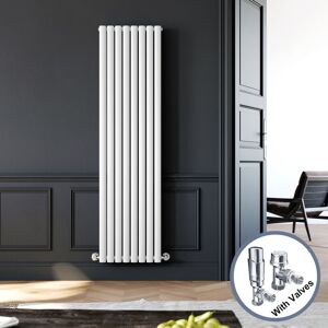 ELEGANT 1800 x 480 mm White Vertical Column Radiator Double Oval Panel Designer Bathroom Radiator + Chrome Thermostatic Radiator Valves
