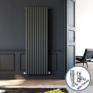 Elegant - 1800 x 590 mm Anthracite Modern Tall Bar Rads Double Oval Panel Designer Bathroom Radiator + Chrome Thermostatic Radiator Valves