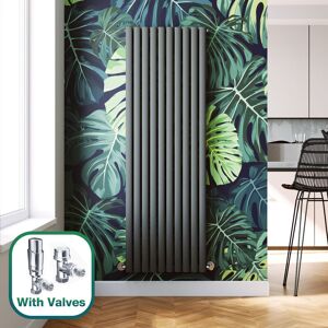 Elegant - 1800 x 590 mm Anthracite Vertical Column Radiator Double Oval Panel Designer Bathroom Radiator + Chrome Thermostatic Radiator Valves