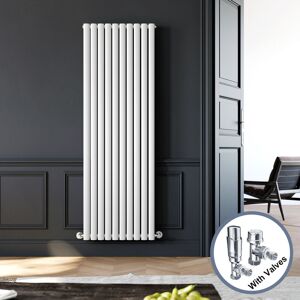 Elegant - 1800 x 590 mm White Vertical Column Radiator Double Oval Panel Designer Bathroom Radiator + Chrome Thermostatic Radiator Valves