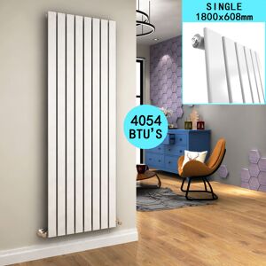 ELEGANT 1800 x 608mm White Vertical Column Designer Radiator Flat Single Panel Modern Heater + White Thermostatic Radiator Valves