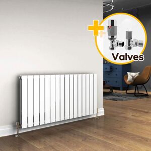 ELEGANT 600 x 1216 mm White Designer Radiators Horizontal Double Flat Panel Bathroom Radiator Heater + Chrome Thermostatic Radiator Valves