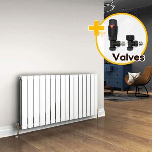 ELEGANT White Designer Radiators 600 x 1216 mm Horizontal Double Flat Panel Bathroom Radiator Heater + Anthracite Thermostatic Radiator Valves
