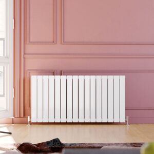ELEGANT 600 x 1216 mm White Designer Rads Horizontal Double Flat Panel Radiator Heater + Chrome Thermostatic Radiator Valves High Heat Output