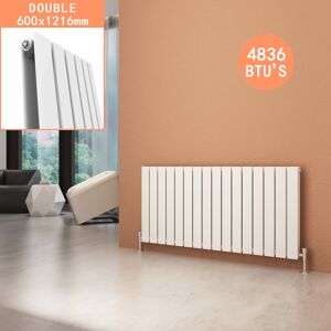 ELEGANT 600 x 1216 mm White Rads Designer Double Flat Panel Radiator Heater + White Thermostatic Radiator Valves Compatible with all heating systems