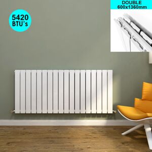 ELEGANT 600 x 1360 mm White Designer Horizontal Radiator Double Bathroom Heater Modern Panel Heaters + Chrome Thermostatic Radiator Valves