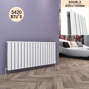 ELEGANT 600 x 1360 mm White Designer Horizontal Radiator Double Flat Panel Bathroom Radiators High Heat Output + Whtie Thermostatic Radiator Valves