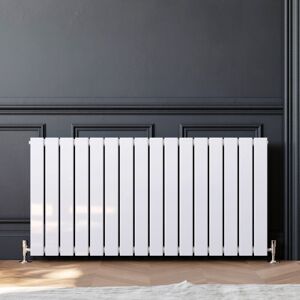 Elegant - 600x1216mm White Designer Radiator Horizontal Flat Panel Single Panel Radiator with White Thermostatic Radiator Valves