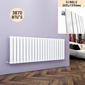 ELEGANT 600x1596mm White Designer Radiator Horizontal Flat Panel Single Panel Radiator with White Thermostatic Radiator Valves