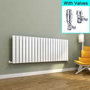 ELEGANT 600x1596mm White Horizontal Radiator Central Heating Single Flat Panel Designer Radiator with Chrome Thermostatic Radiator Valves