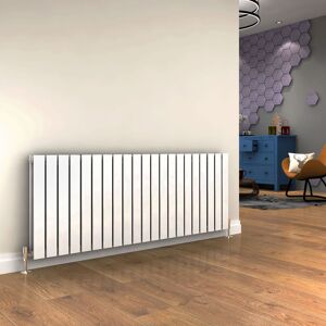 Elegant - 600x1596mm White Horizontal Radiator Double Flat Panel Designer Radiator Central Heating with White Thermostatic Radiator Valves