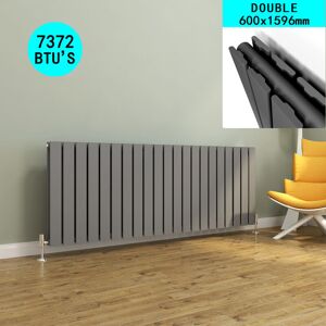 ELEGANT Horizontal Radiator Double Flat Panel 600x1596mm Designer Anthracite Radiator with Angled Radiator Valves