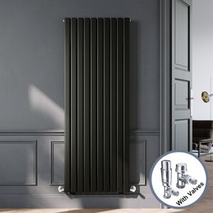 ELEGANT Black Designer Vertical Radiator Double Panel Rads 1800 x 680mm with Chrome Angled Thermostatic Radiator Valves