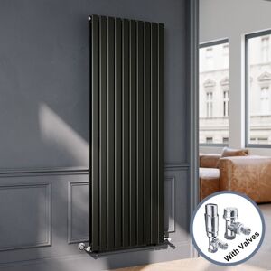 ELEGANT Black Flat Panel Central Heating Radiator with Chrome Angled Thermostatic Radiator Valves 1800 x 680mm Vertical Double Panel Rads