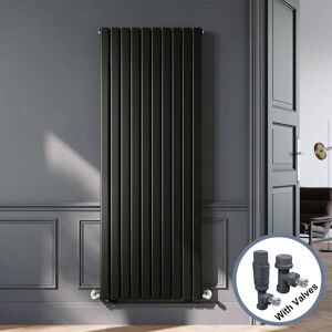 ELEGANT Designer Black Double Panel Vertical Radiator 1800 x 680mm with Anthracite Angled Thermostatic Radiator Valves