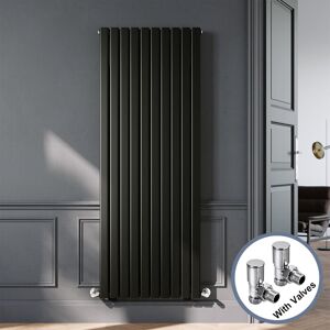 ELEGANT Designer Black Vertical Radiator 1800 x 680mm Double Panel Flat Panel Rads with Chrome Angled Radiator Valves