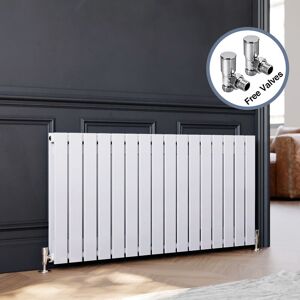 ELEGANT Designer Horizontal Flat Panel Radiator + Angled Radiator Valves 600 x 1216 mm White Double Bathroom Heater