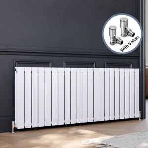 Elegant - Modern Horizontal Flat Panel Radiator and Angled Radiator Valves 600x1596mm White Double