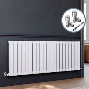 ELEGANT Modern Horizontal Flat Panel Radiator and Angled Radiator Valves 600x1596mm White Single