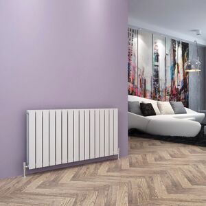 ELEGANT Horizontal Radiator Double Flat Panel 600x1216mm Designer White Radiator with White Thermostatic Radiator Valves
