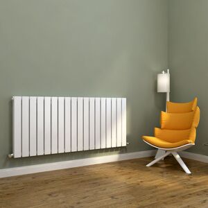 ELEGANT Horizontal Radiator Double Flat Panel 600x1368mm Designer White Radiator with White Thermostatic Radiator Valves