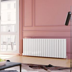 Elegant - Horizontal Radiator Double Flat Panel 600x1596mm Designer White Radiator with White Thermostatic Radiator Valves