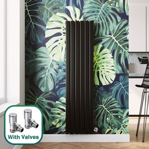 Elegant - Modern Black Flat Panel Central Heating Radiator 1600 x 408mm Vertical Double Panel Rads + Chrome Angled Radiator Valves